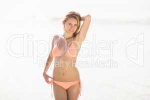Portrait of pretty woman in bikini standing on the beach