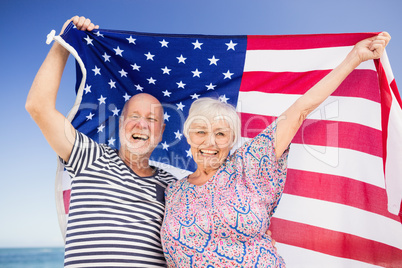 Senior couple holding american flag