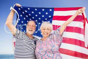 Senior couple holding american flag