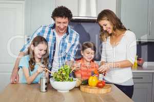 Happy family preparing vegetable salad