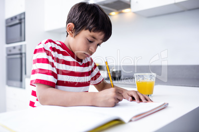 Portrait of boy doing homework in kitchen