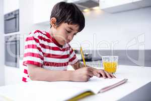 Portrait of boy doing homework in kitchen
