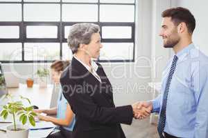 Businesswoman handshaking with male colleague