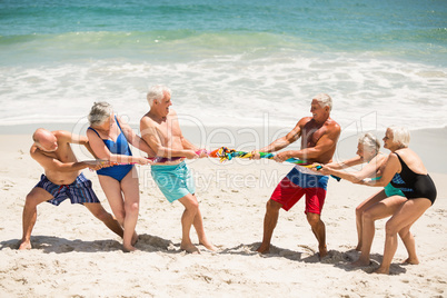 Seniors playing tug of war at the beach