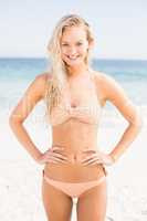 Portrait of pretty woman in bikini standing on the beach