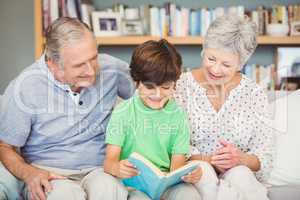 Grandparents assisting grandson while reading book