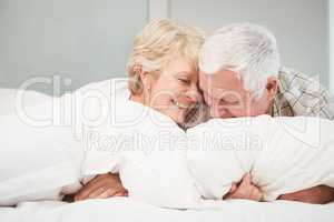 Playful senior couple resting in bed
