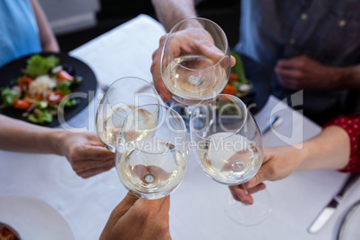 Friends toasting wine glass while having lunch