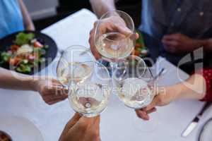 Friends toasting wine glass while having lunch