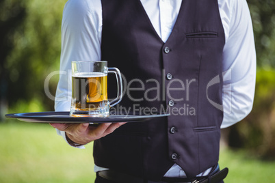 Handsome waiter holding a tray with a pint of beer