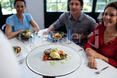 Waiter serving meal to group of friends