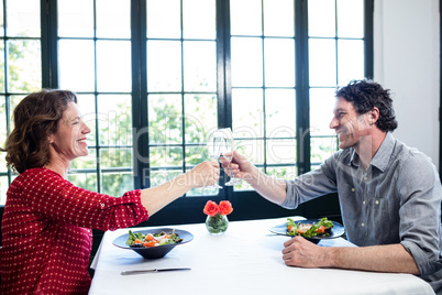 Middle-aged couple toasting champagne flute while having lunch
