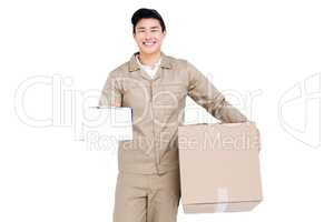 Delivery man holding cardboard box