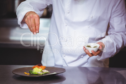 Chef sprinkling spices on dish