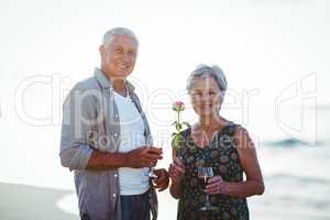 Senior couple holding rose and red wine glasses