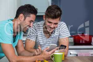 Cheerful male friends using phone