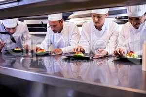 Team of chefs garnishing dishes