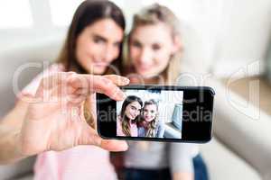 Young female friends taking selfie at home