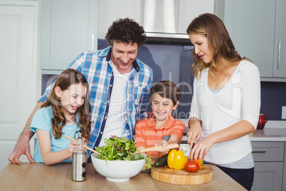 Family preparing vegetable salad