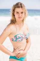 Portrait of beautiful woman in bikini standing on the beach