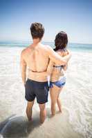Rear view of couple standing on the beach