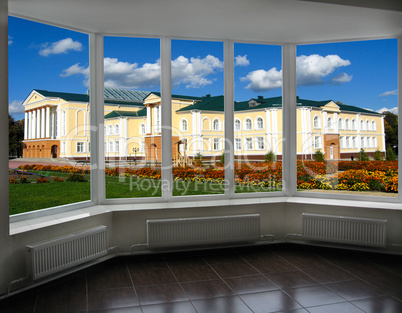 modern window overlooking the beautiful palace with garden