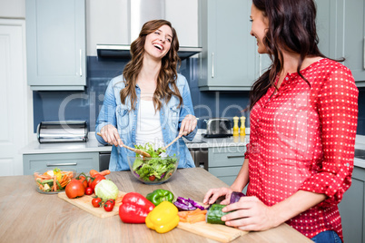 Smiling female friends preparing salad