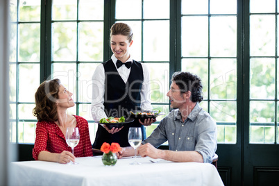 Waitress serving meal to a couple