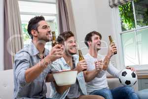 Male friends enjoying beer while watching soccer match on TV