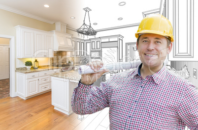 Contractor in Hard Hat Over Custom Kitchen Drawing and Photo