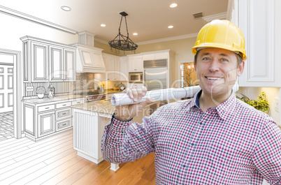 Contractor in Hard Hat Over Custom Kitchen Drawing and Photo