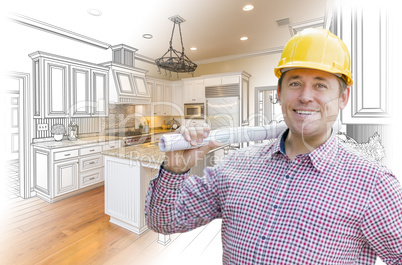 Contractor in Hard Hat Over Custom Kitchen Drawing and Photo