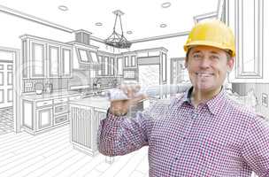 Contractor in Hard Hat Over Custom Kitchen Drawing