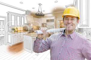 Contractor in Hard Hat Over Custom Kitchen Drawing and Photo