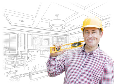 Contractor in Hard Hat Over Custom Bedroom Drawing and Photo