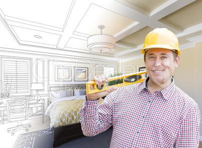 Contractor in Hard Hat Over Custom Bedroom Drawing and Photo
