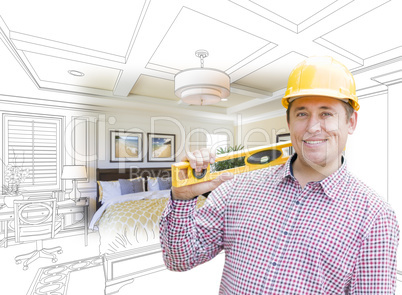 Contractor in Hard Hat Over Custom Bedroom Drawing and Photo