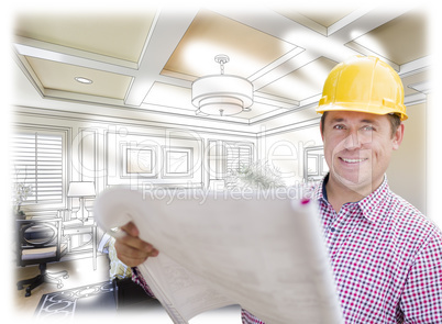 Contractor in Hard Hat Over Custom Bedroom Drawing and Photo