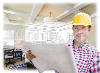 Contractor in Hard Hat Over Custom Bedroom Drawing and Photo