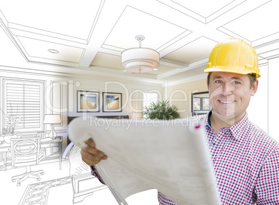 Contractor in Hard Hat Over Custom Bedroom Drawing and Photo