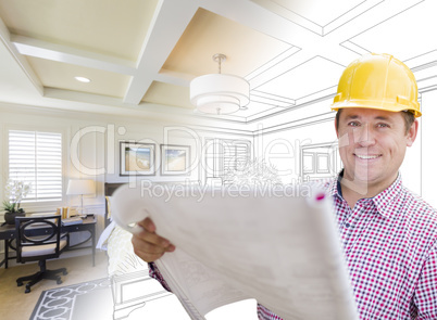 Contractor in Hard Hat Over Custom Bedroom Drawing and Photo