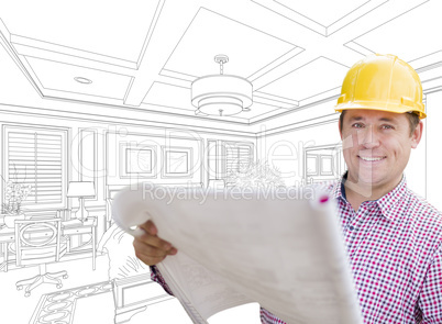 Contractor in Hard Hat Over Custom Bedroom Drawing