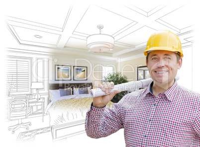 Contractor in Hard Hat Over Custom Bedroom Drawing and Photo