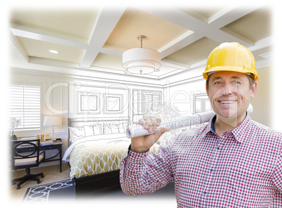 Contractor in Hard Hat Over Custom Bedroom Drawing and Photo