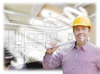 Contractor in Hard Hat Over Custom Bedroom Drawing and Photo