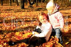 sisters play with their cat in the autumn park