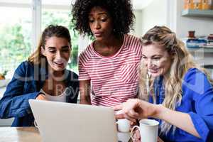 Female friends smiling while looking in laptop