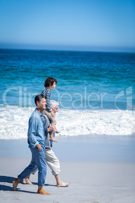Male family members walking at the beach