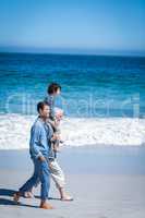 Male family members walking at the beach