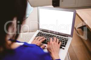 Rear view of woman working on laptop